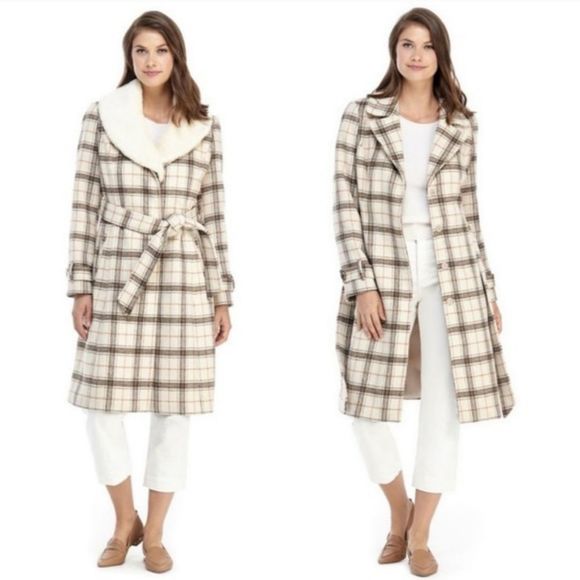 Gal Meets Glam Brownyn removable Fur Collar White Plaid Winter Coat larg…